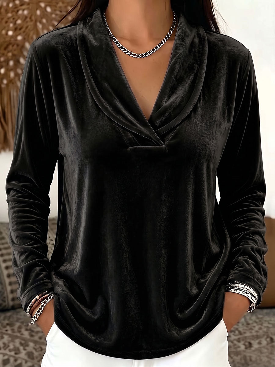 Women's Solid Color Lapel Long-sleeved Casual Loose Velvet Top