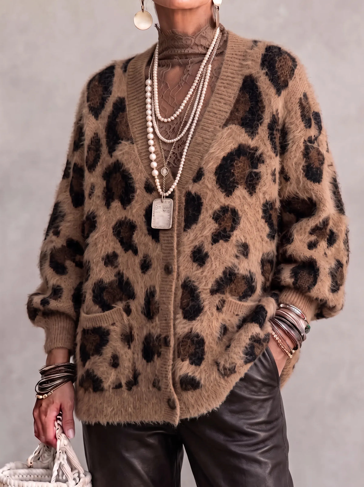 Women's Fluffy Leopard Print V-Neck Cardigan - Cozy Oversized Button-Down Sweater Coat