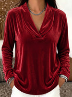 Women's Solid Color Lapel Long-sleeved Casual Loose Velvet Top