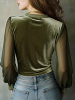 Stylish And Cozy Slim-fit Velvet Top With Lace Paneling