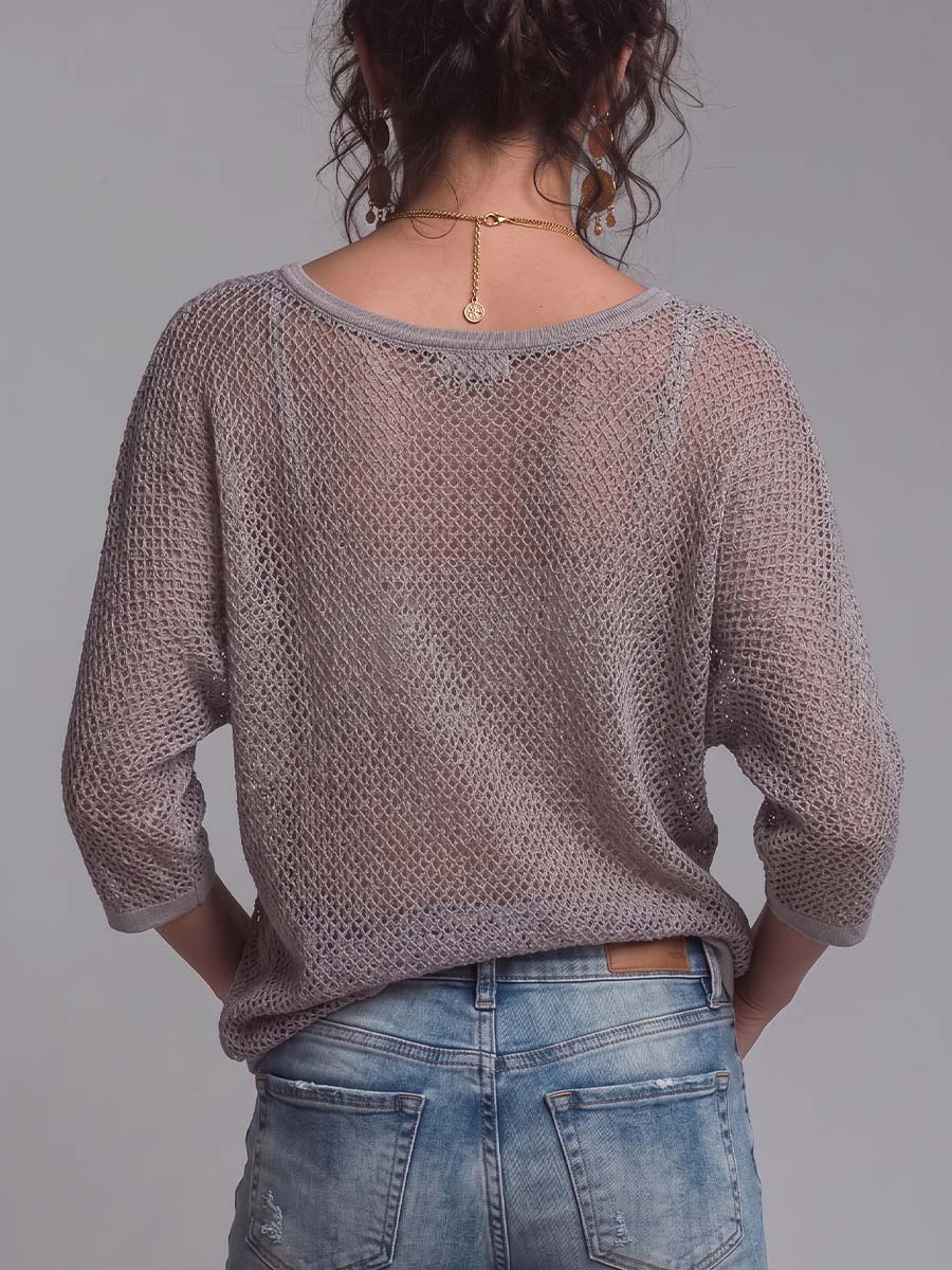Women's Solid Color Round Neck 3/4 Sleeve Casual Loose Hollow Mesh Top
