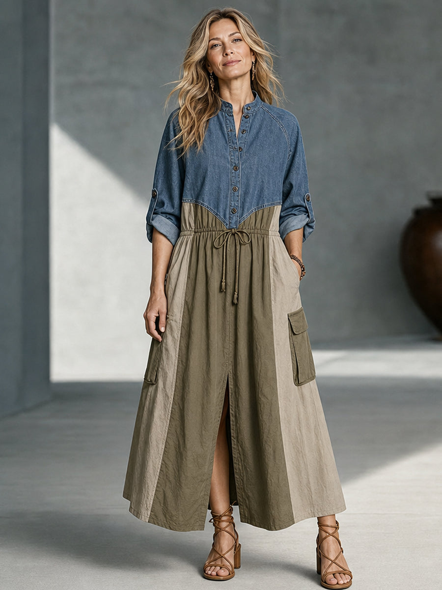Women's Denim & Utility Cargo Maxi Dress - Functional & Stylish