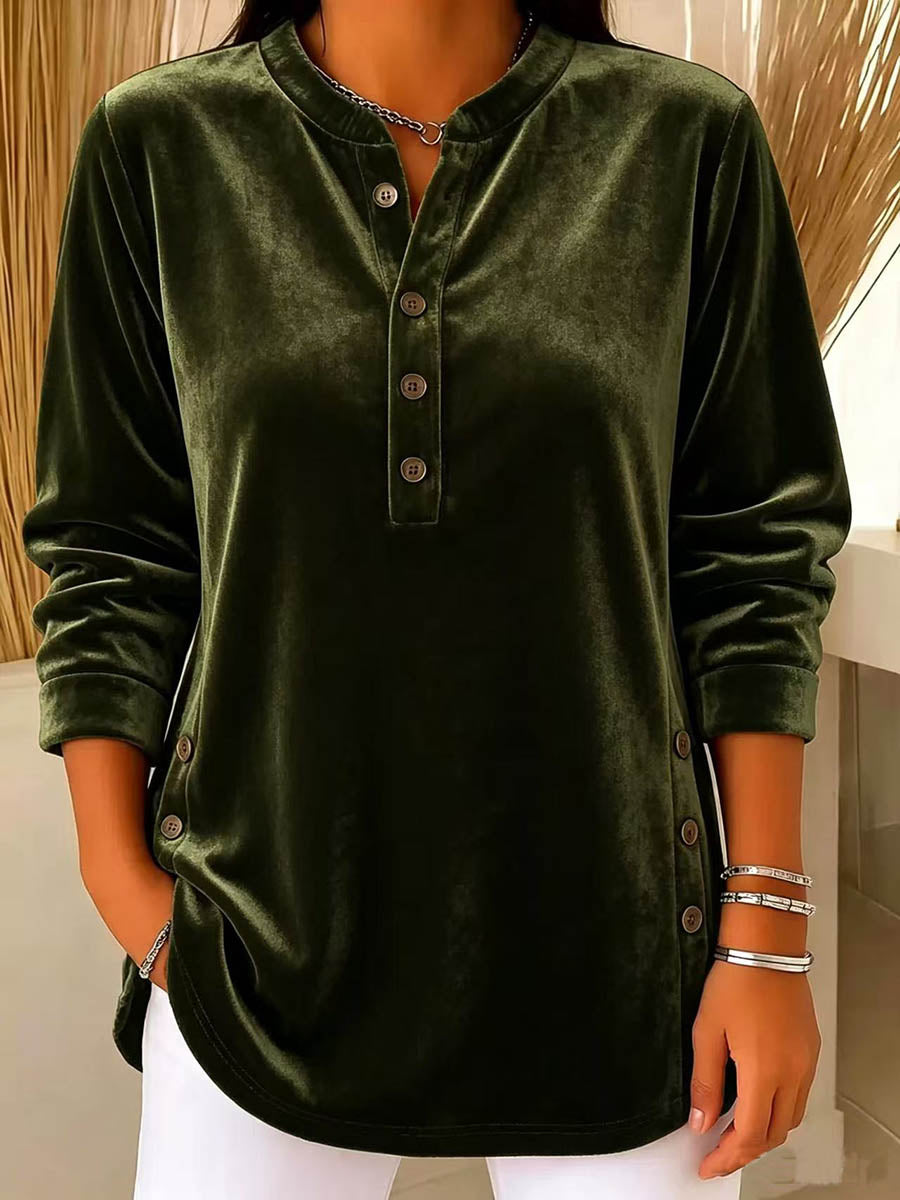 Women's Solid Color Henley Collar Long-sleeved Casual Loose Velvet Top
