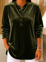 Women's Solid Color Henley Collar Long-sleeved Casual Loose Velvet Top