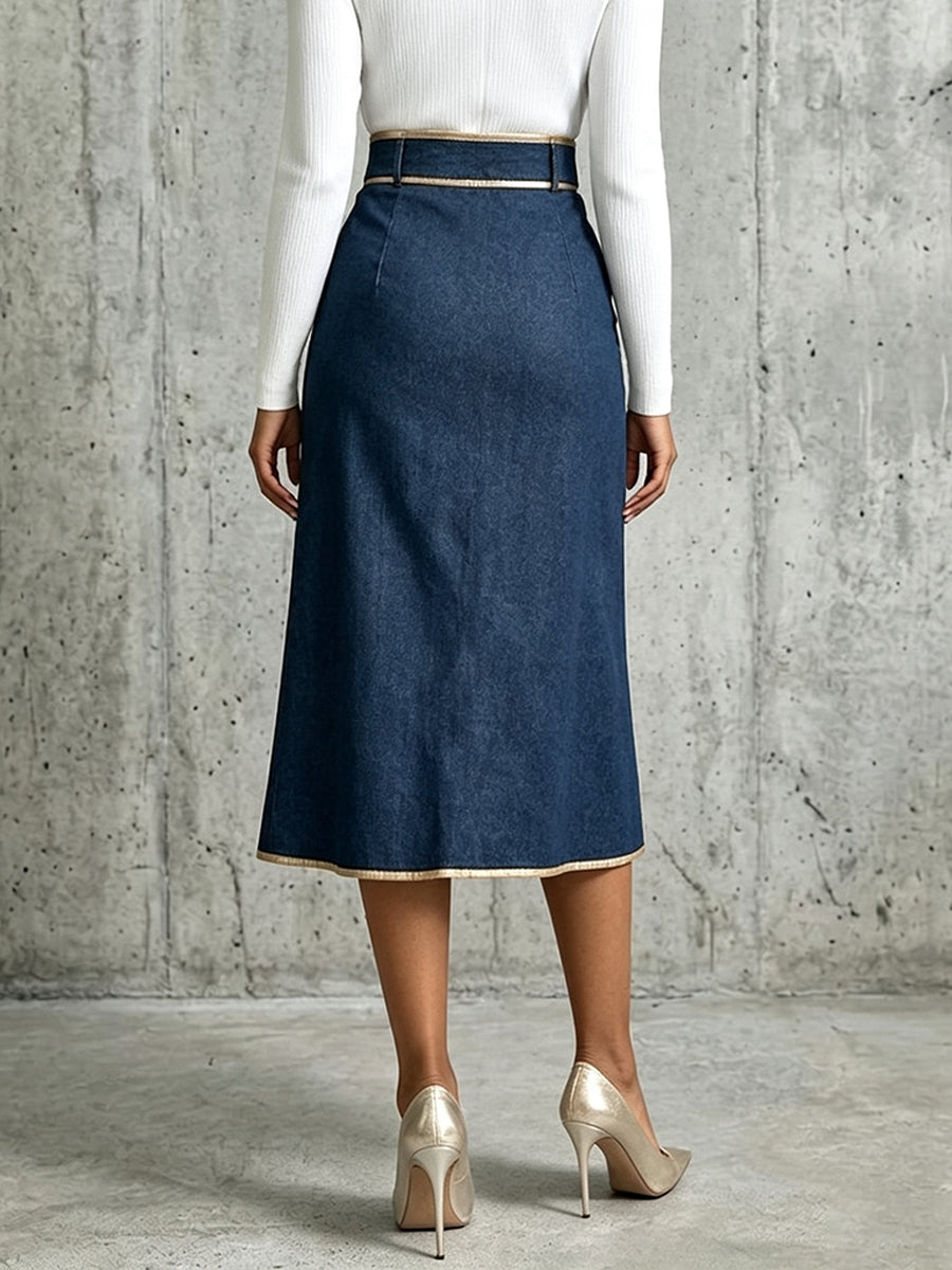 Chic And Refined Denim Midi Skirt With Gold Piping.