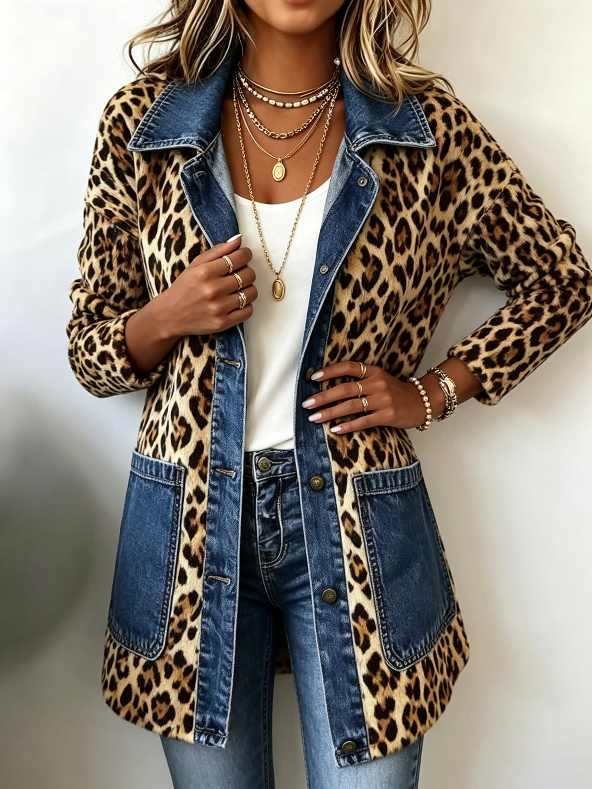 Boho Leopard Print Denim Panel Contrast Casual Longline Jacket