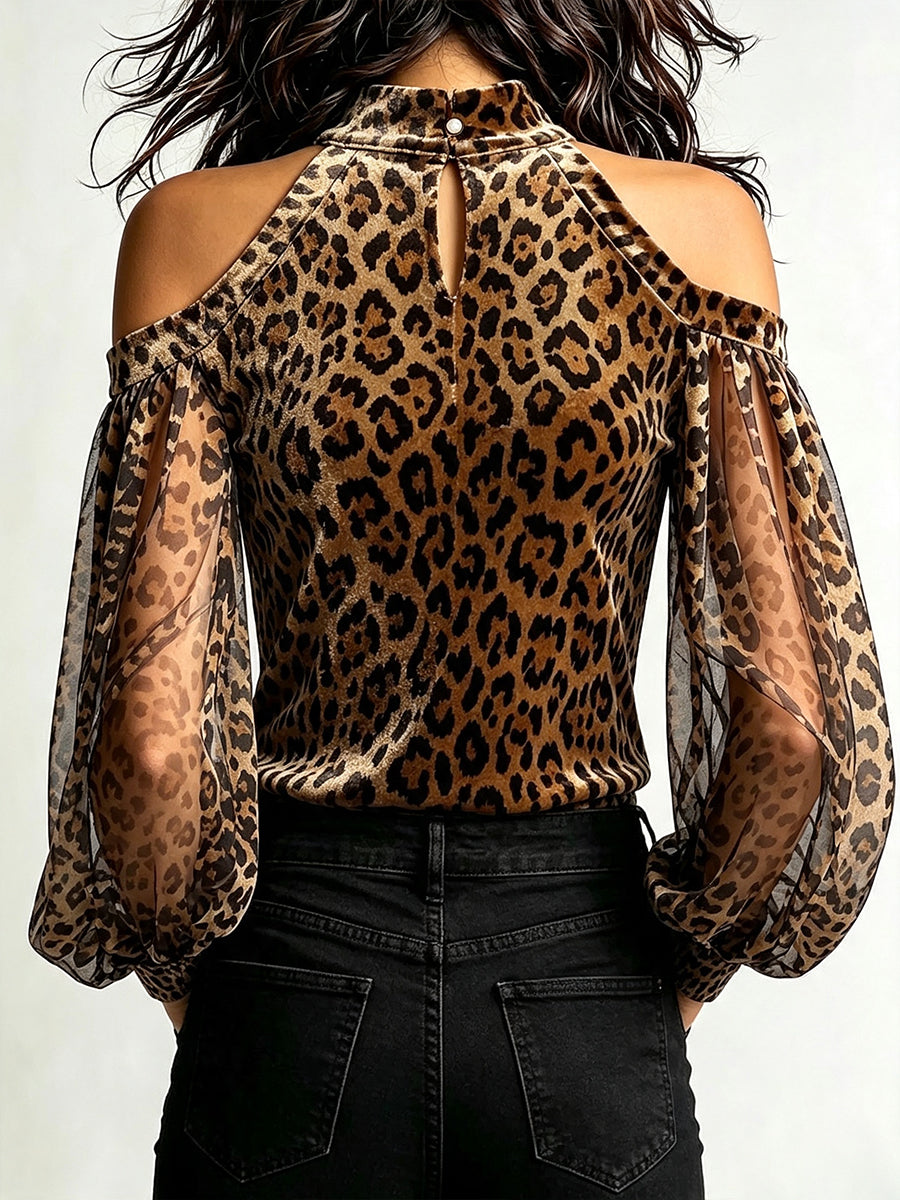 Fashionable Velvet And Chiffon-sleeve Leopard Print Off-shoulder Top