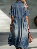Vintage-style Denim Patchwork Midi Shirt Dress With Gradient Scrolling Vine Print.