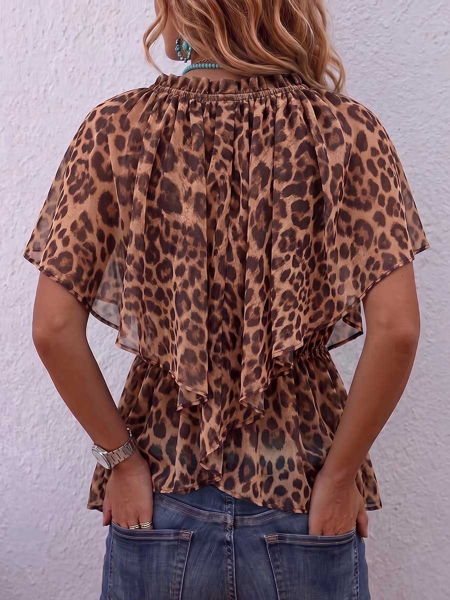 Women's Leopard Print V-neck Short Sleeve Casual Loose Chiffon Top