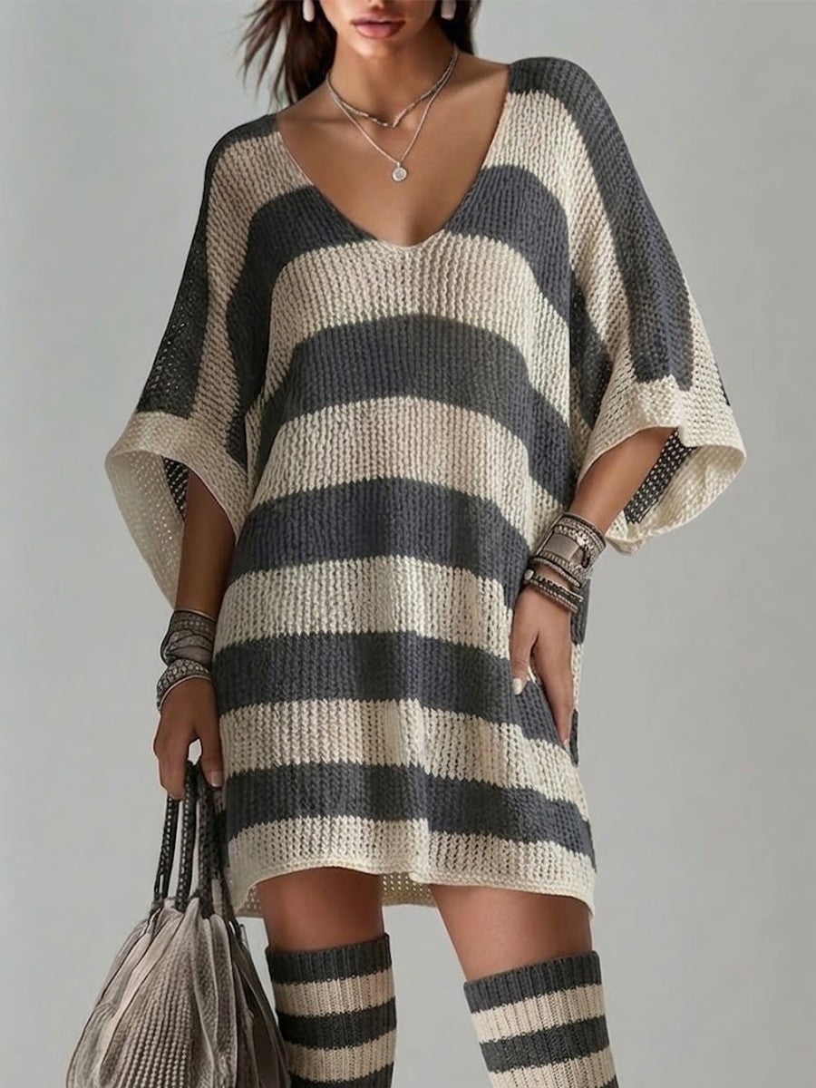 Color Block Wide Stripe Deep V Open Knit Loose Short Sleeve Tunic Mini Dress