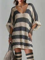 Color Block Wide Stripe Deep V Open Knit Loose Short Sleeve Tunic Mini Dress