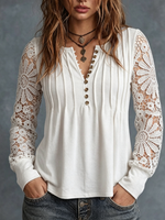 Solid-color Long-sleeve V-neck Pleated Top With Lace Cutouts