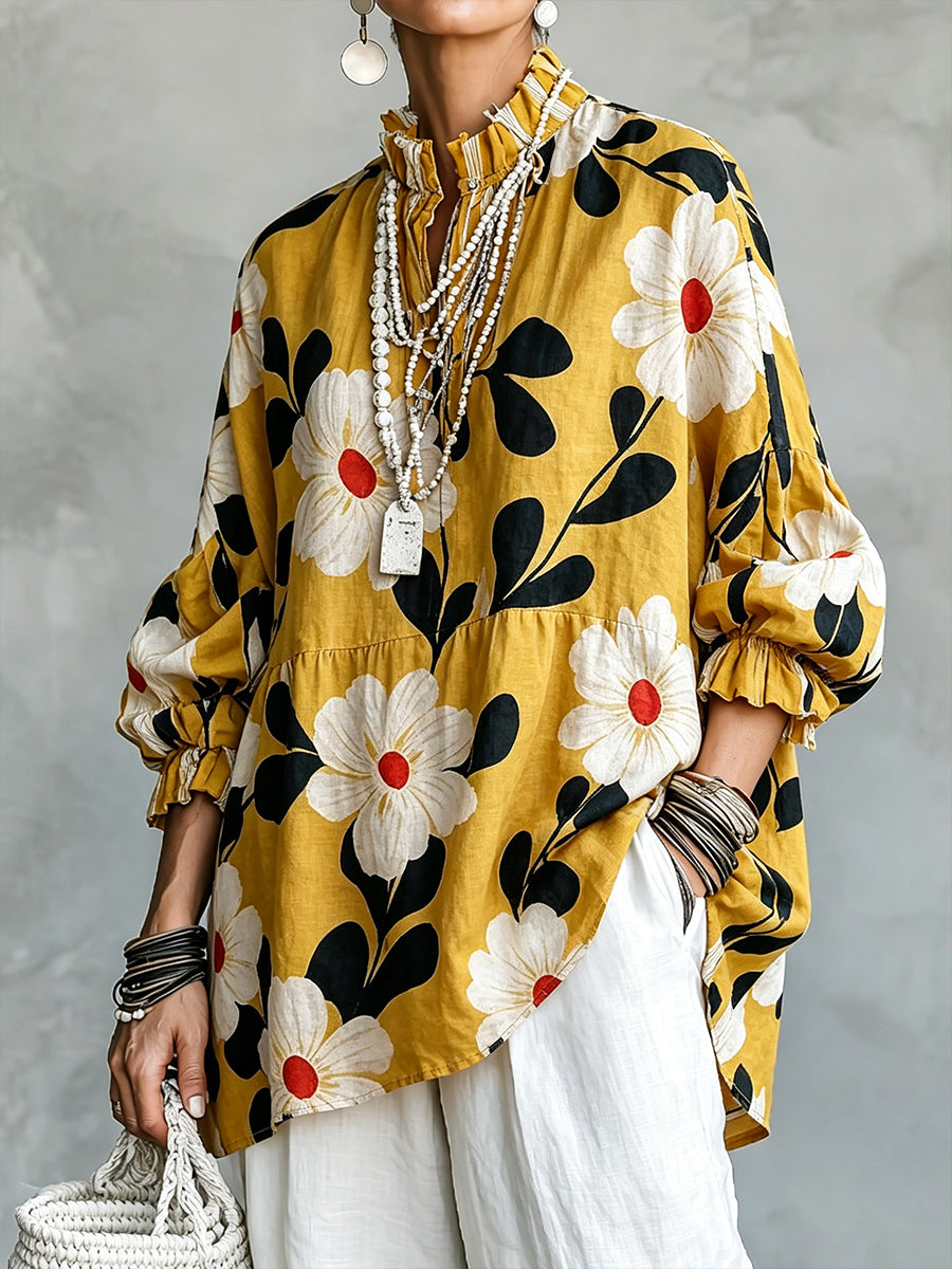 Boho Chic Mustard Floral Ruffled Linen Tunic Top