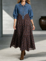 Boho-chic Denim Bodice Long Sleeve Floral Tiered Swing Maxi Dress