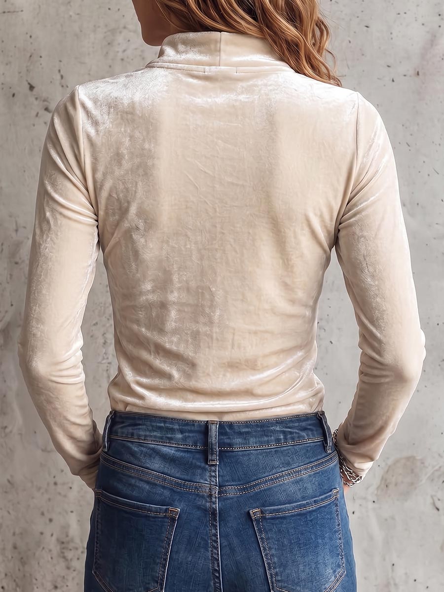 Women's Solid Color Stand Collar Long-sleeved Casual Loose Velvet Top