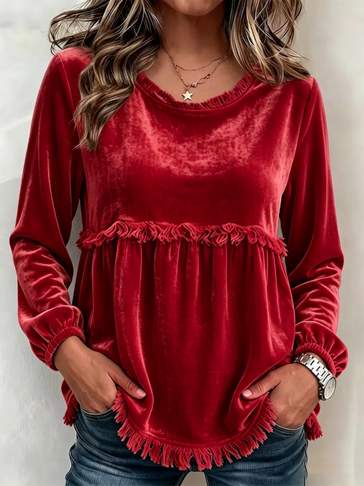 Round Neck Fringe Trim Spliced Velvet Lantern Long Sleeve Babydoll Top