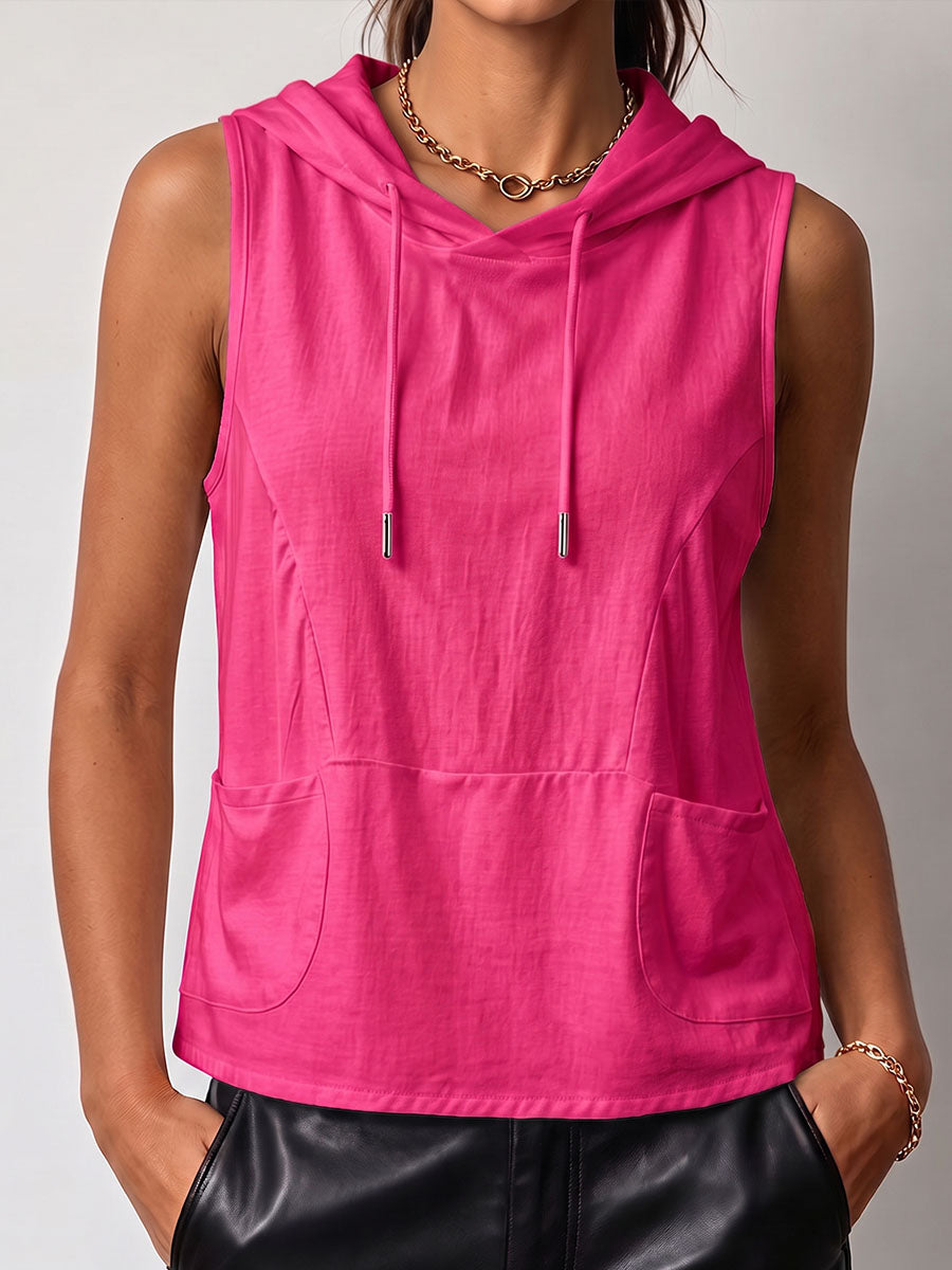 Women's Solid Color Sleeveless Casual Loose Hooded Top