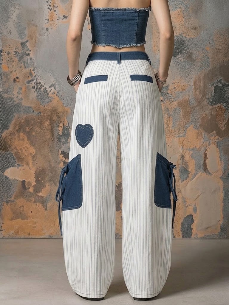 Casual Striped Cotton Trousers With Panel Detailing