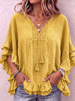 Women's V-neck Tie-waist 3/4 Sleeve Casual Loose Cotton Linen Top