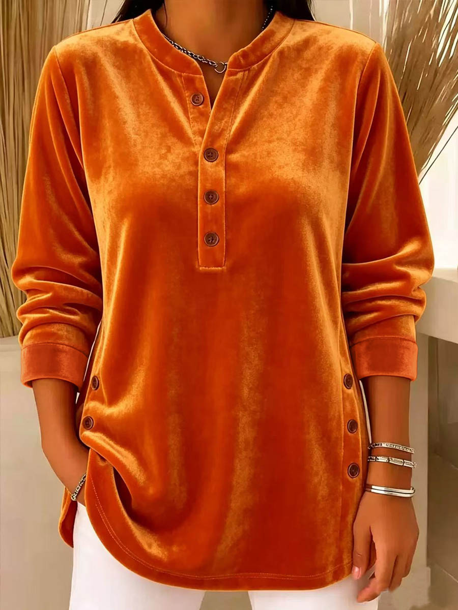 Women's Solid Color Henley Collar Long-sleeved Casual Loose Velvet Top