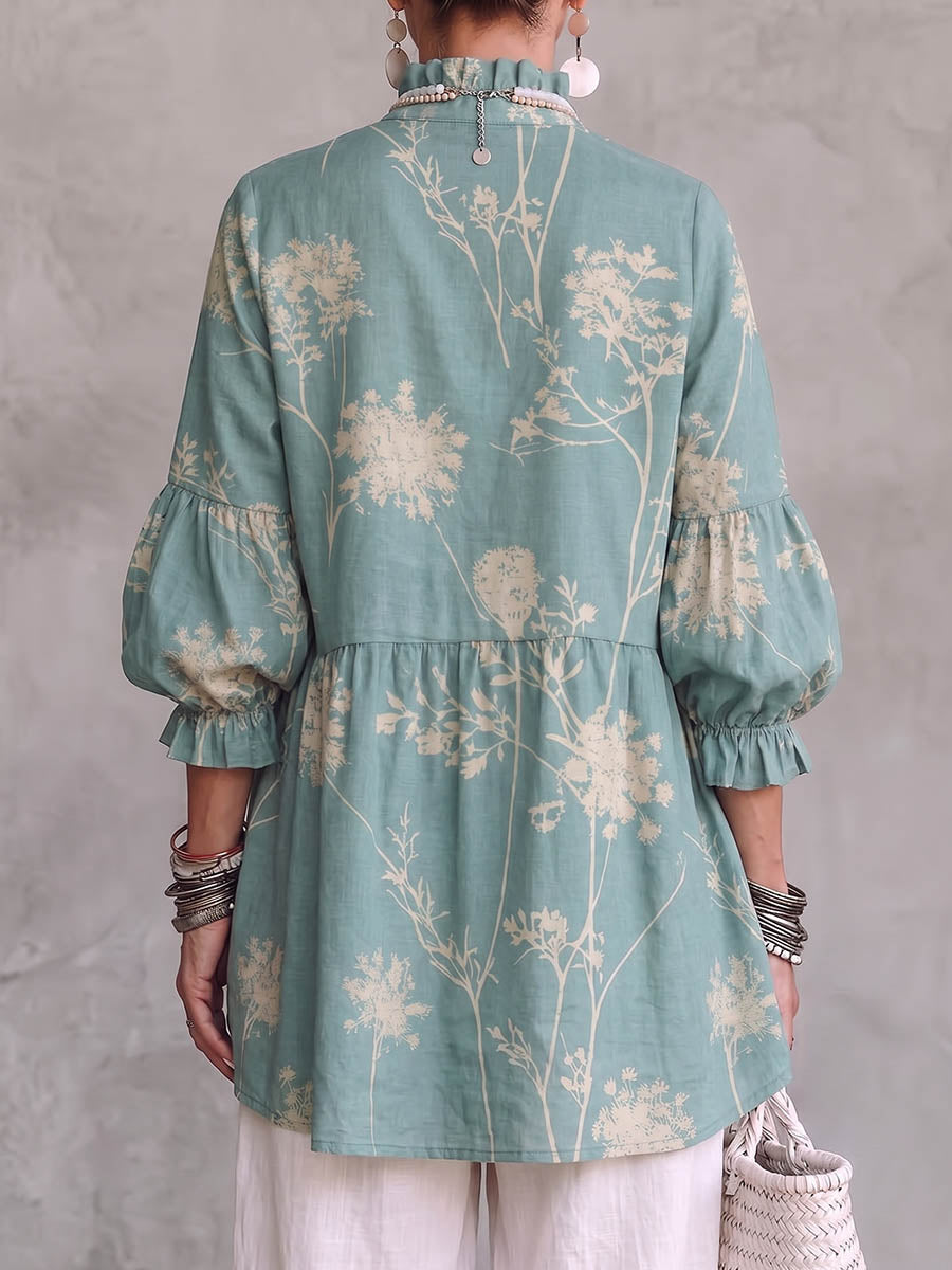 Women's Retro Print Stand Collar 3/4 Sleeve Casual Loose Cotton Linen Top