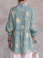 Women's Retro Print Stand Collar 3/4 Sleeve Casual Loose Cotton Linen Top