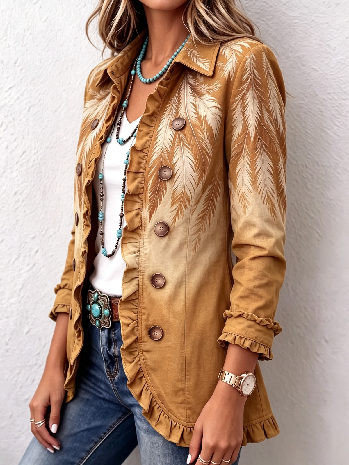 Chic Western Boho Feather Print Ruffle Hem Blazer