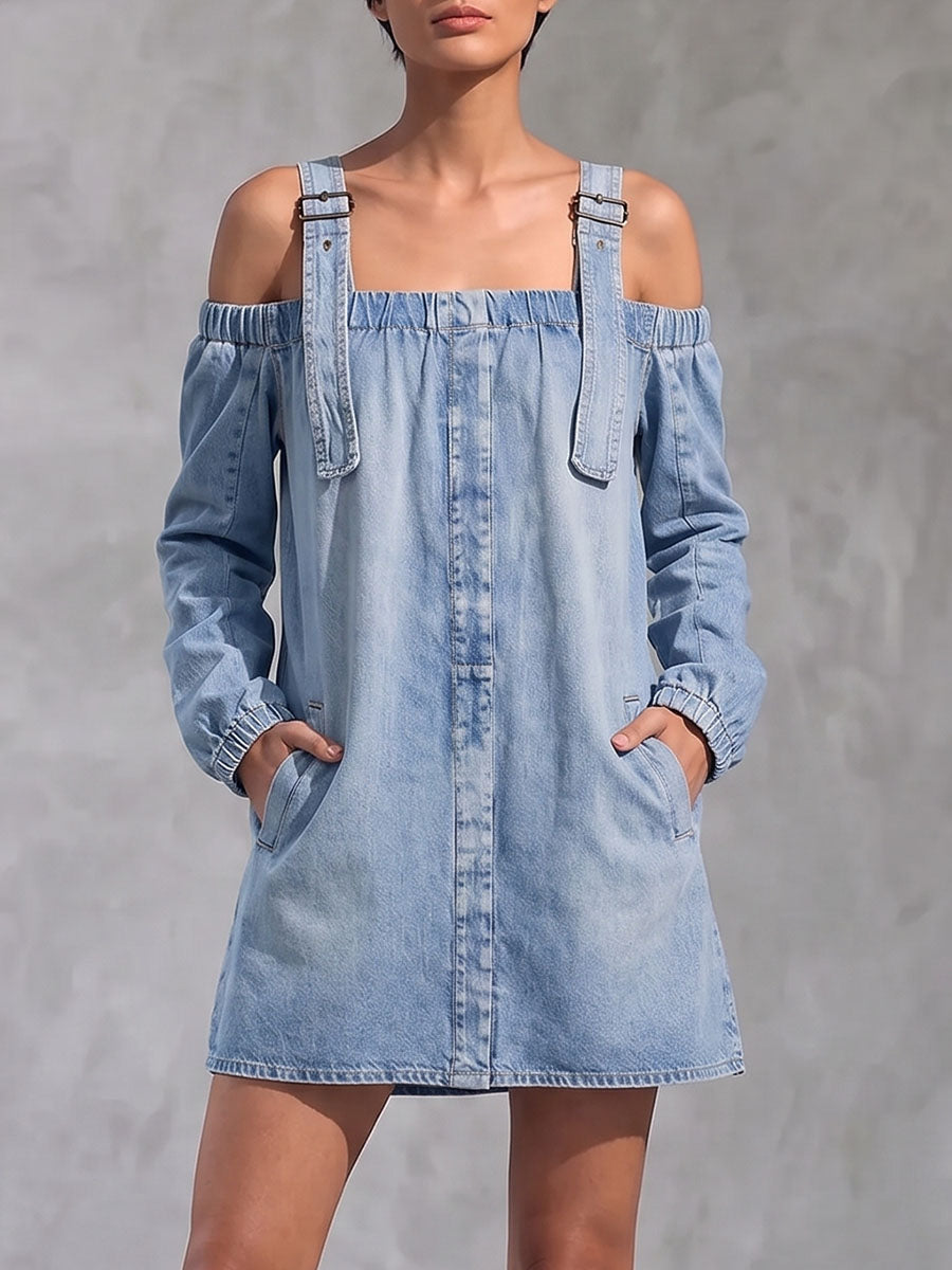 Women's Off-shoulder Long-sleeved Denim Mini Dress