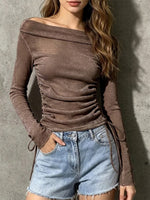 Off-shoulder Long-sleeve Fitted Top With Side Drawstring, Ruching, And Lettuce-edge Detailing