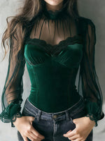 Vintage-style Bohemian Patchwork Lace And Stretch Velvet Top