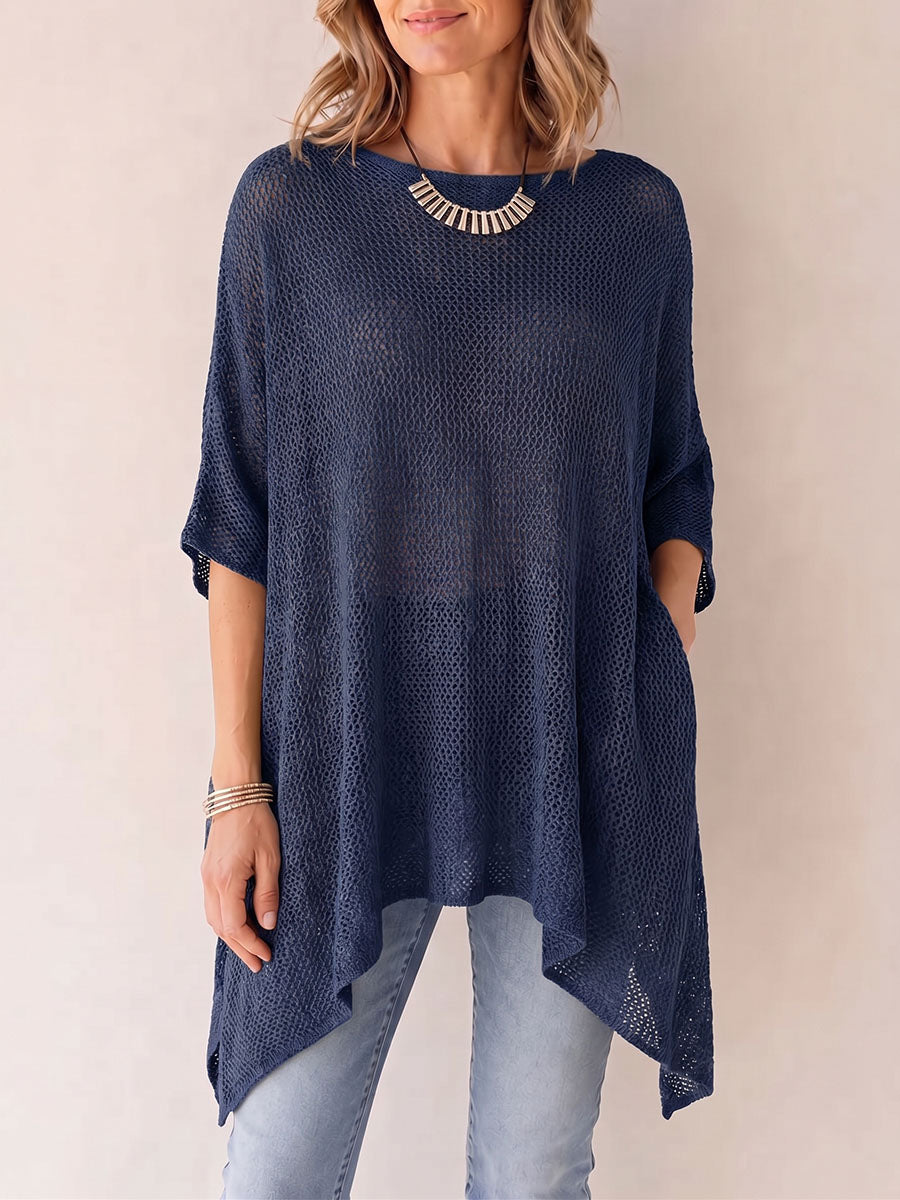 Women's Solid Color Round Neck 3/4 Sleeve Casual Loose Knitted Hollow-out Mesh Top