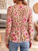 Retro Floral Leopard Pattern Art Print Casual Stylish Long Sleeve Mesh V Collar Shirt