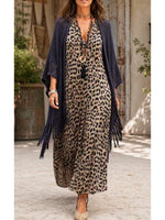 Casual Leopard-print Cotton-linen Shirt Dress