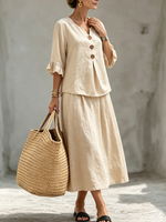 Elegant Resort-style Ruffled Linen-blend Two-piece Set
