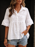 Romantic Breezy White Eyelet Button-up Blouse