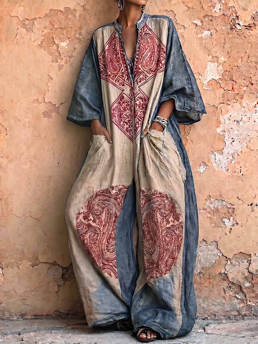 Women's Vintage Print V-neck 3/4-sleeve Cotton-linen Jumpsuit