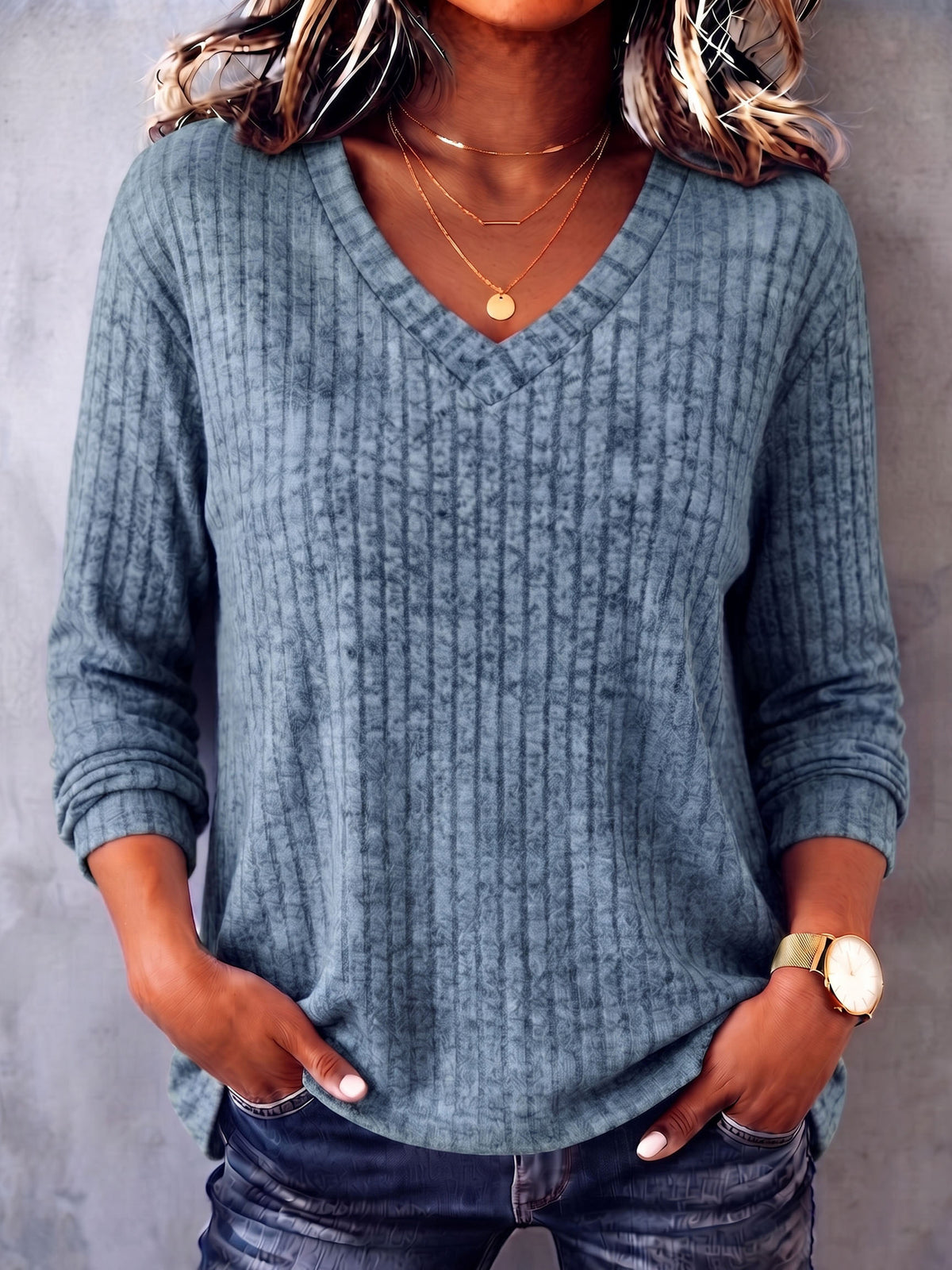 Casual Cozy V-neck Ribbed Knit Top