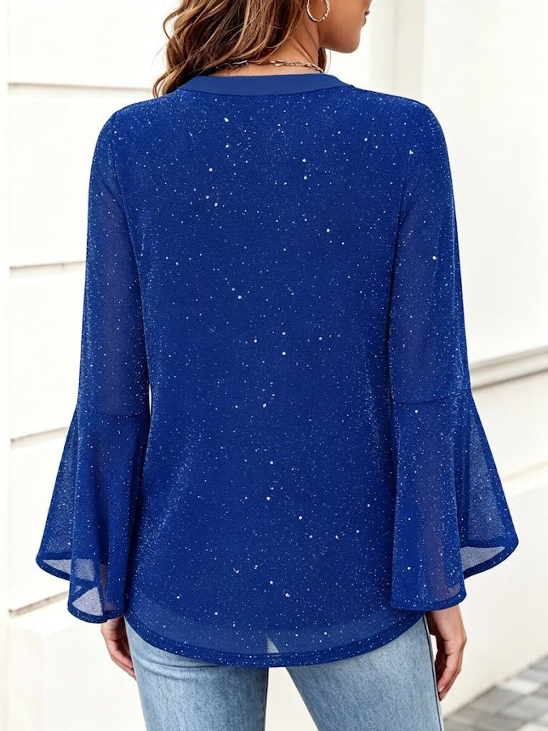 Small V-neck Sequin Pullover Shirt With Flared Sleeves
