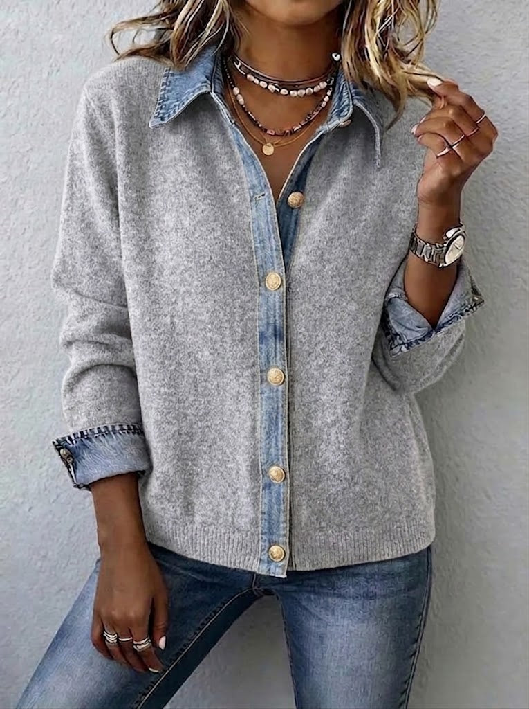 Casual Color-block Denim And Knit Cardigan