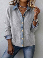 Casual Color-block Denim And Knit Cardigan