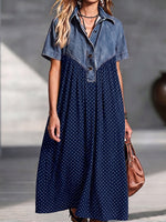 Vintage Denim Spliced Polka Dot Flowing Maxi Dress