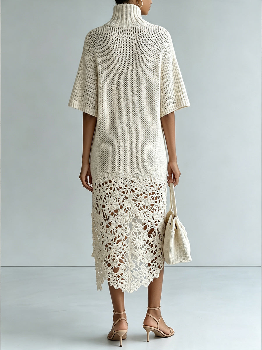 Elegant Crochet-Trim Knit Turtleneck Dress