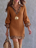 Stylish And Cozy Color-block Leopard Print Mini Knit Dress