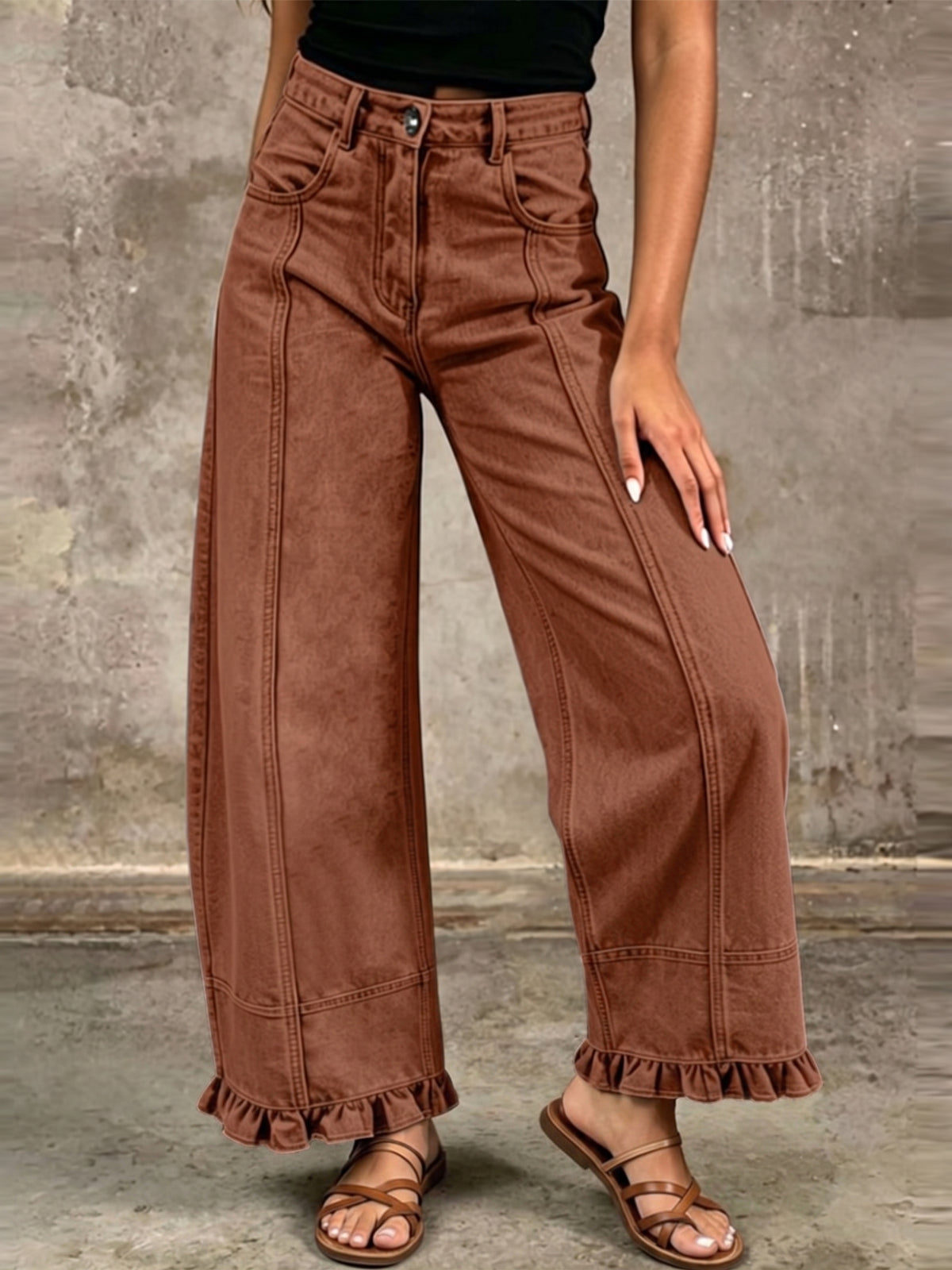 Vintage-Inspired Washed Denim Ruffled Wide-Leg Pants