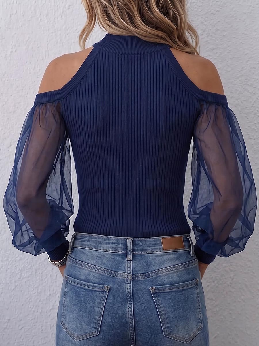 Women's Solid Color Stand Collar Off-shoulder Long Sleeve Casual Loose Knitted Chiffon Top