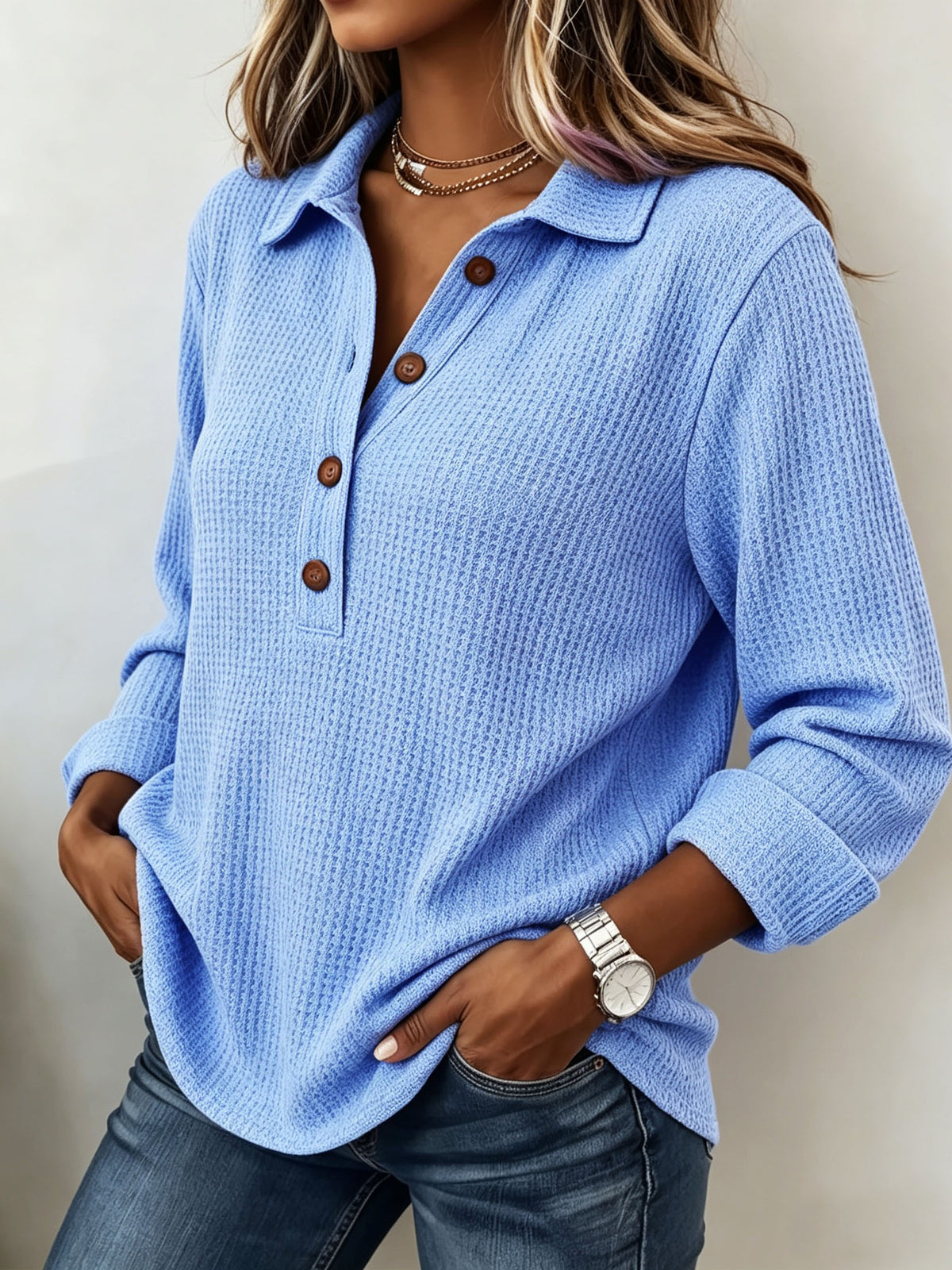 Cozy Casual Lapel Collar Waffle Knit Pullover