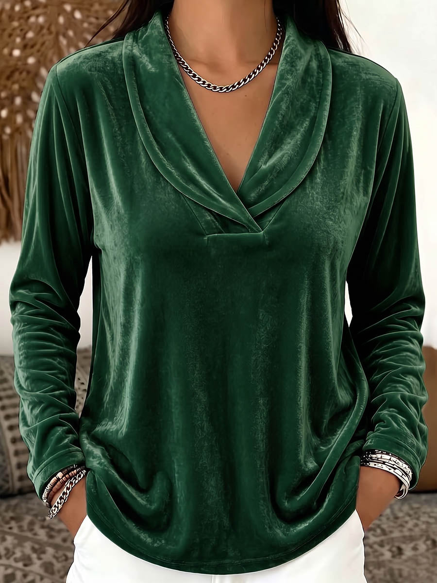 Women's Solid Color Lapel Long-sleeved Casual Loose Velvet Top
