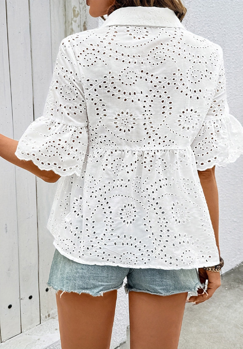Elegant Ruffle Embroidery Hollow Short Sleeve Art Casual Lapel Shirt