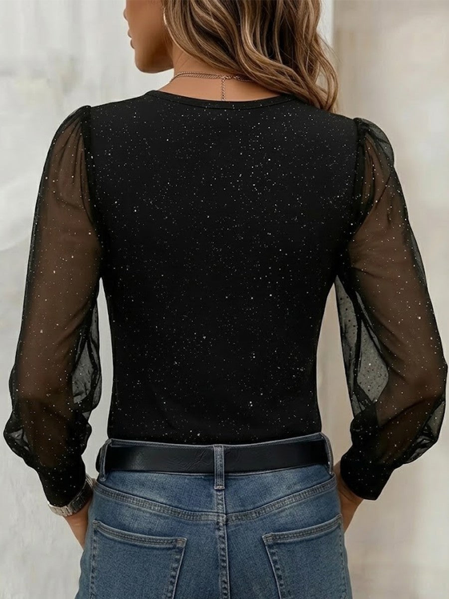 V-neck Wrap-front Twist Top With Glitter Mesh Panels And Long Puff Sleeves