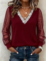 Sequin V-neck Mesh Long-sleeve Casual Top